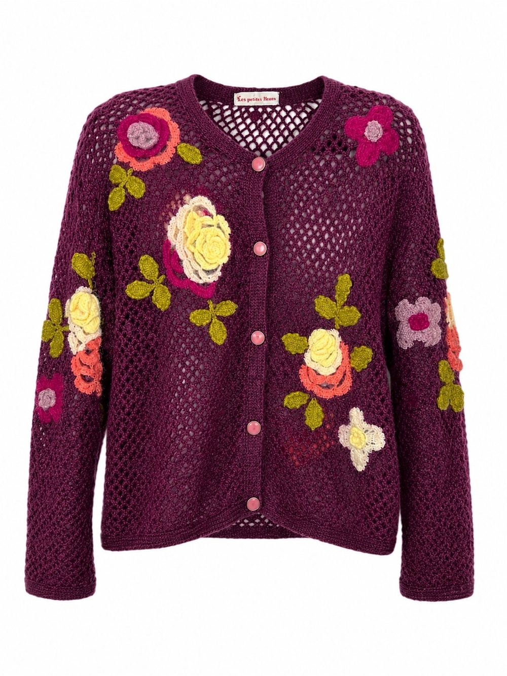 Vintage Crochet Floral Cardigan Purple Appliqué Boho Cottagecore M